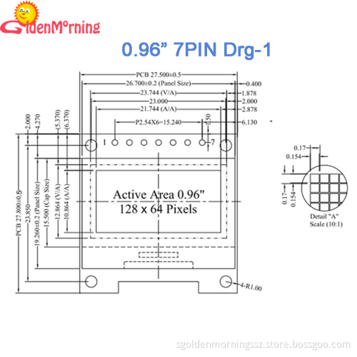 0.96" OLED display module with PCB, 128 x 64 pixels resolution, white colors